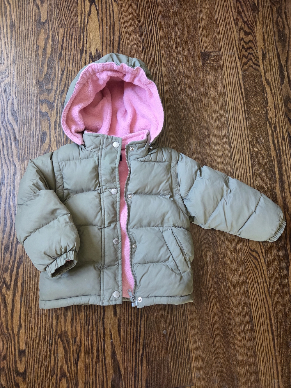 Boden Olive Puffer Jacket with Pink Fleece. Removable Arms And Hood For Vest.